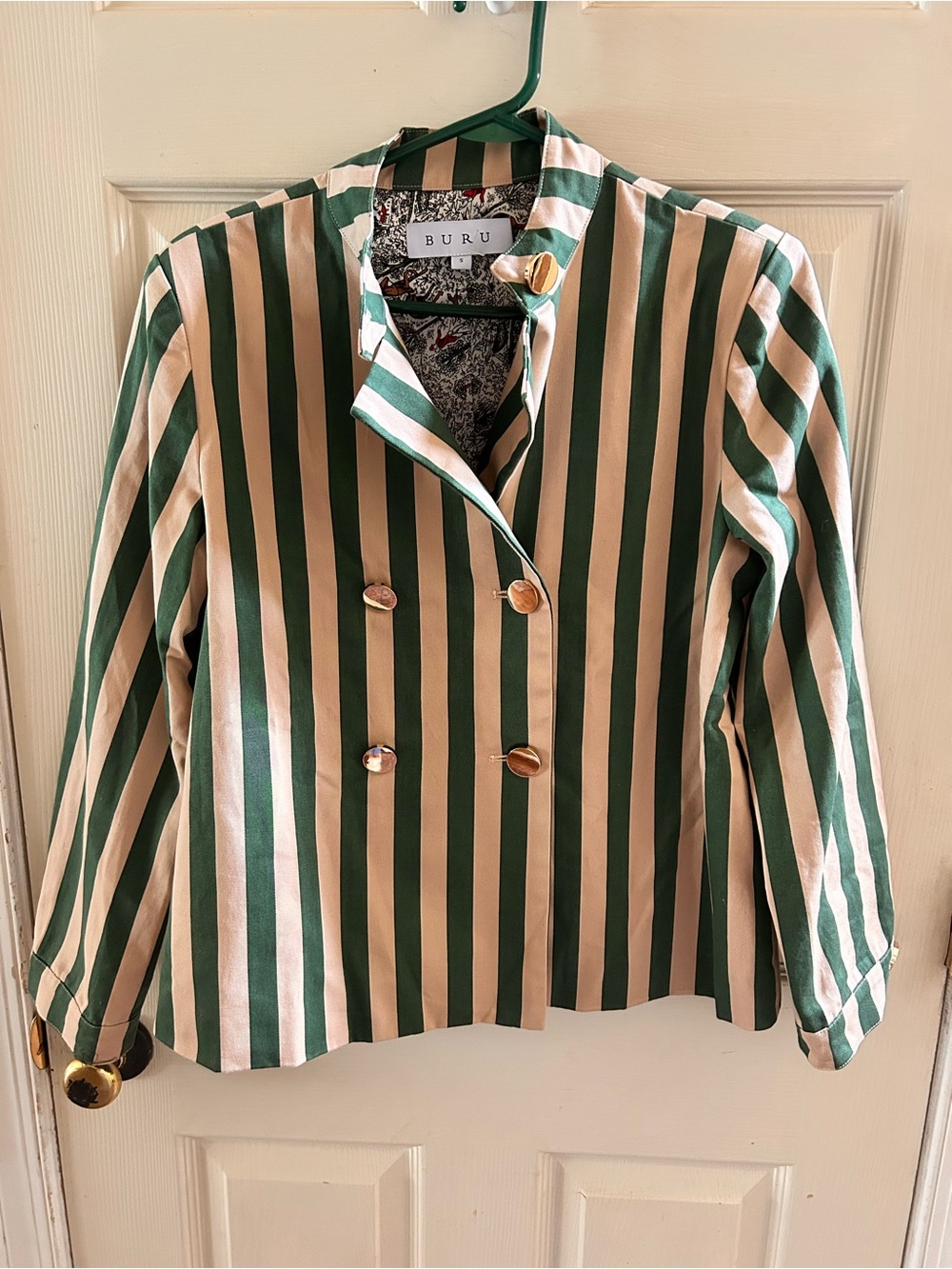 BURU Size S Green Cream Striped Double Breasted Blazer 100% Cotton RARE